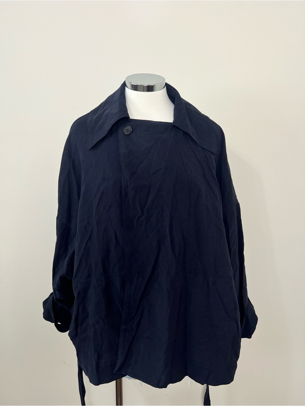 Zara ZW Collection Short Flowy Trench Coat Navy Blue Large NWT Belted Jacket - Picture 7 of 14